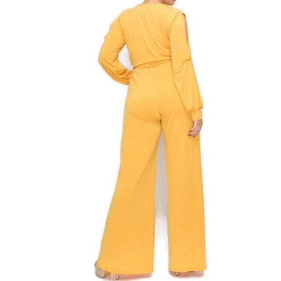 Janette Fashion Mustard Split Long Sleeve Plussize Jumpsuit - Picture 4 of 4